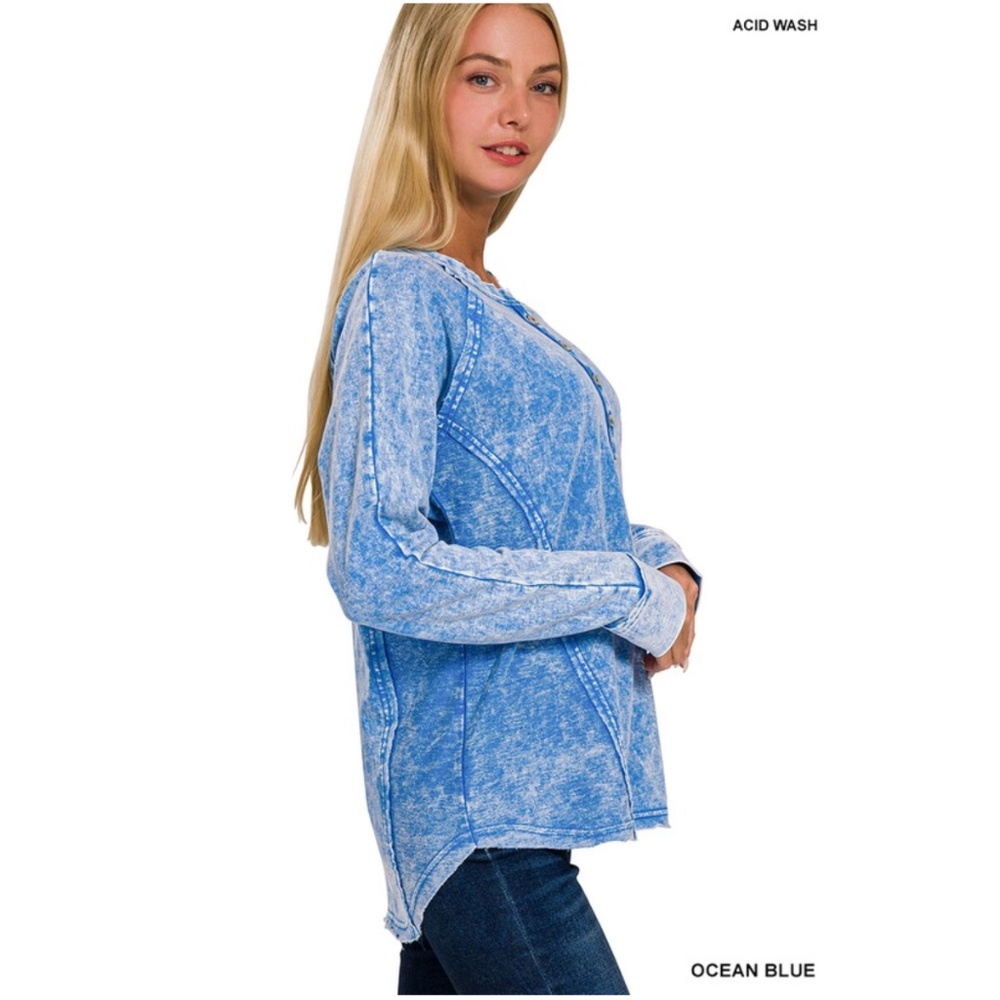 Zenana Outfitters Sky Blue Button-Up Long Sleeve Top - Picture 3 of 3